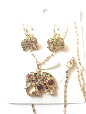 Gold Plated Multicolor Elephant Pendant Necklace & Earring Set